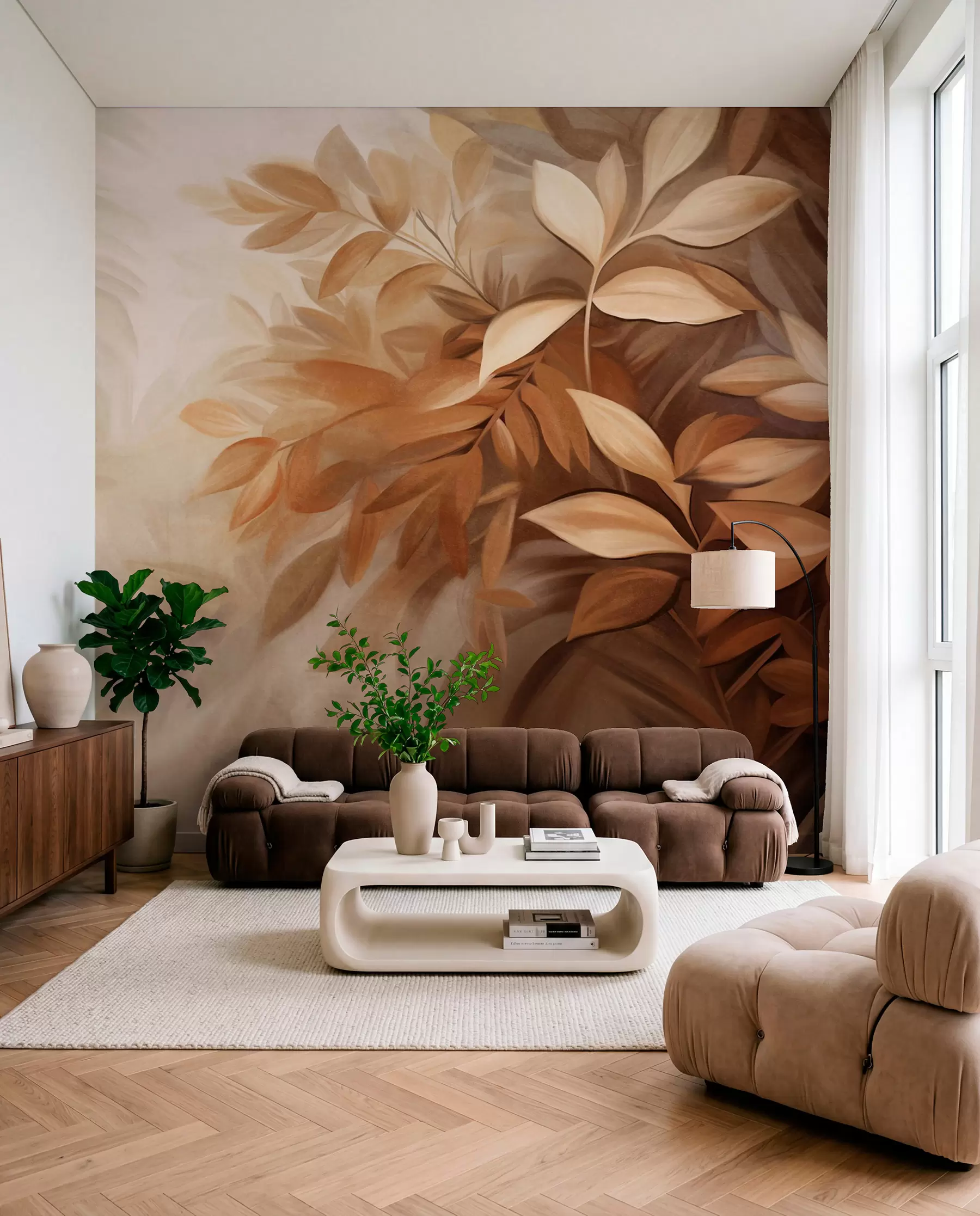 zidne murale Smeđe i bež lišće s mekim, mutnim teksturiranim lišćem, u slikarskom stilu s vidljivim potezima kista w09584