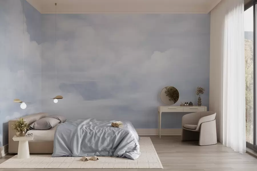 zidne murale Pastelno teksturirano nebo ispunjeno bijelim oblacima s mekom i minimalističkom estetikom w09589