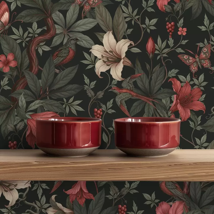 zidne murale Tamni cvjetni uzorci džungle s pticama i leptirima a00895