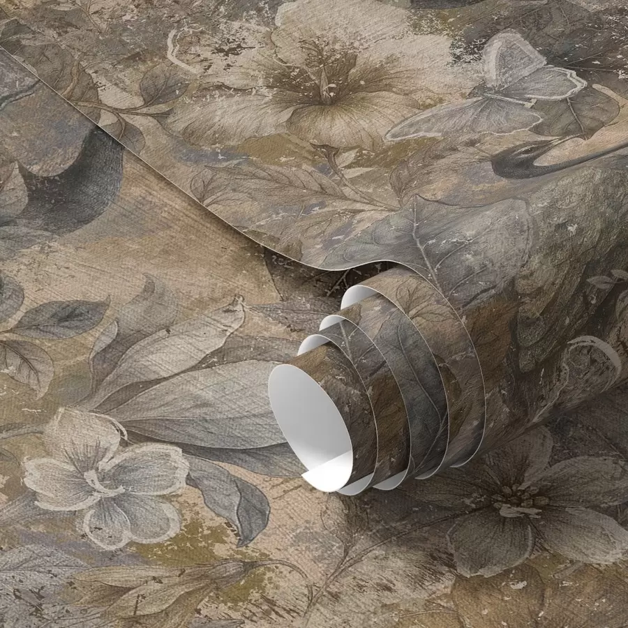 zidne murale Kolaž od starih cvjetova s paunovima i leptirima a00897