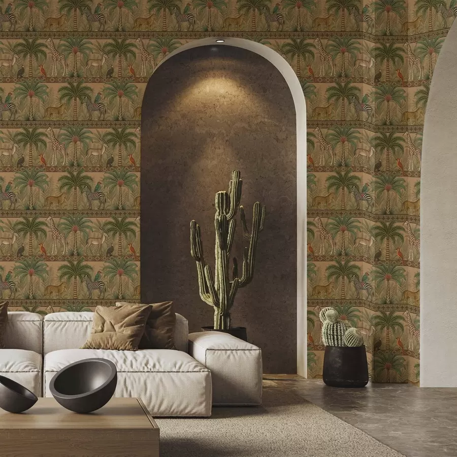 zidne murale Dekorativne životinje savane između palmi i obruba a00898