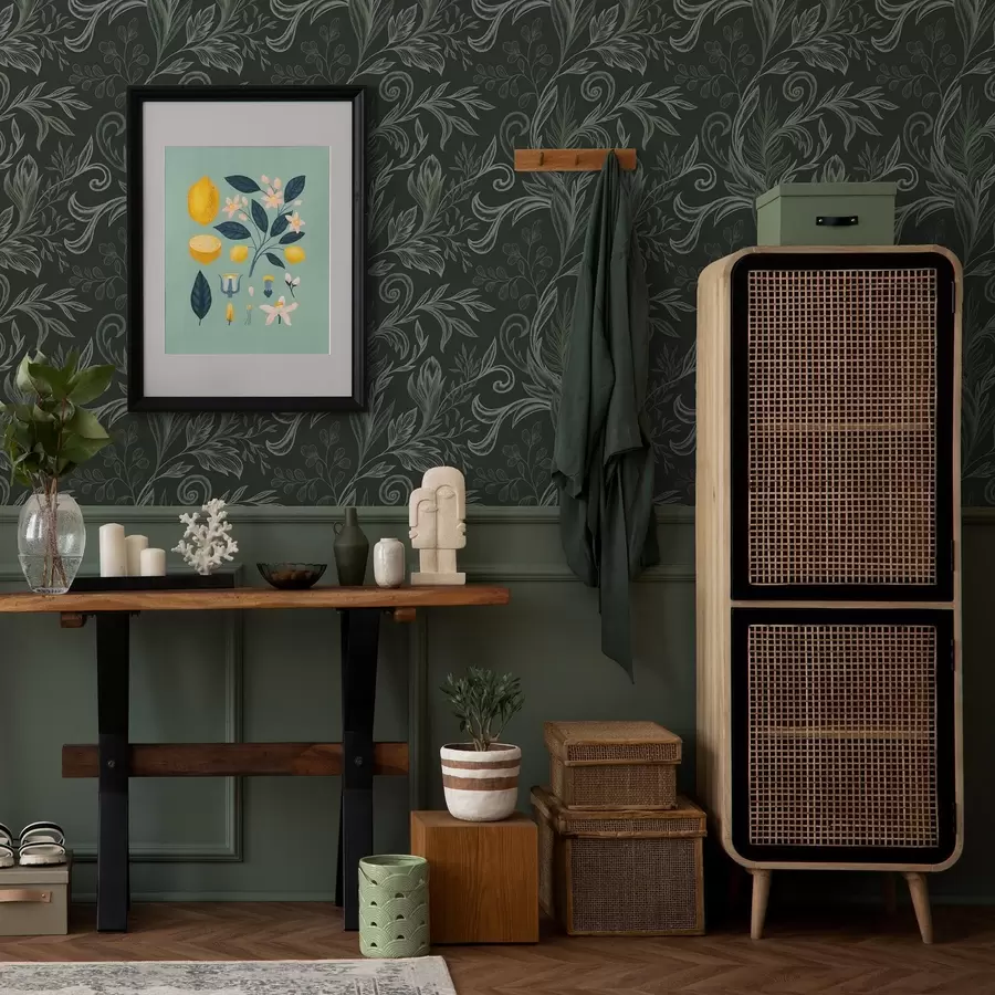 zidne murale Duboki šumski uvijeni listovi u kredasto zelenim tonovima a00935v2