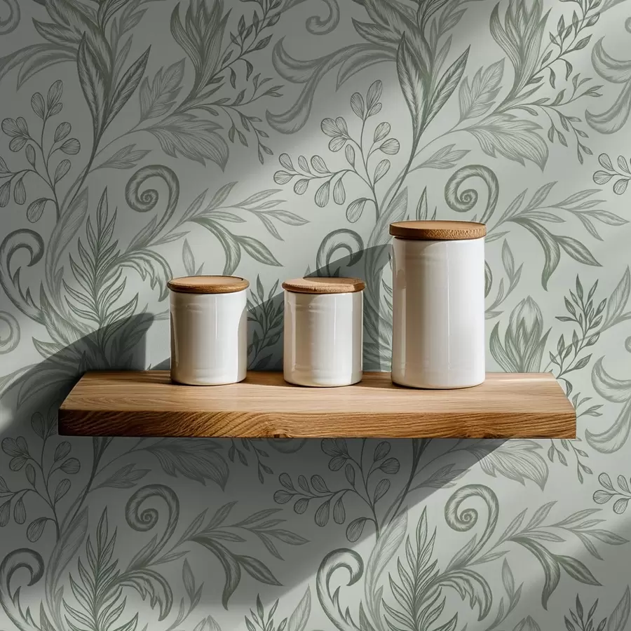 zidne murale Meki uvijeni listovi mente u nježnim sivozelenim linijama a00935v3