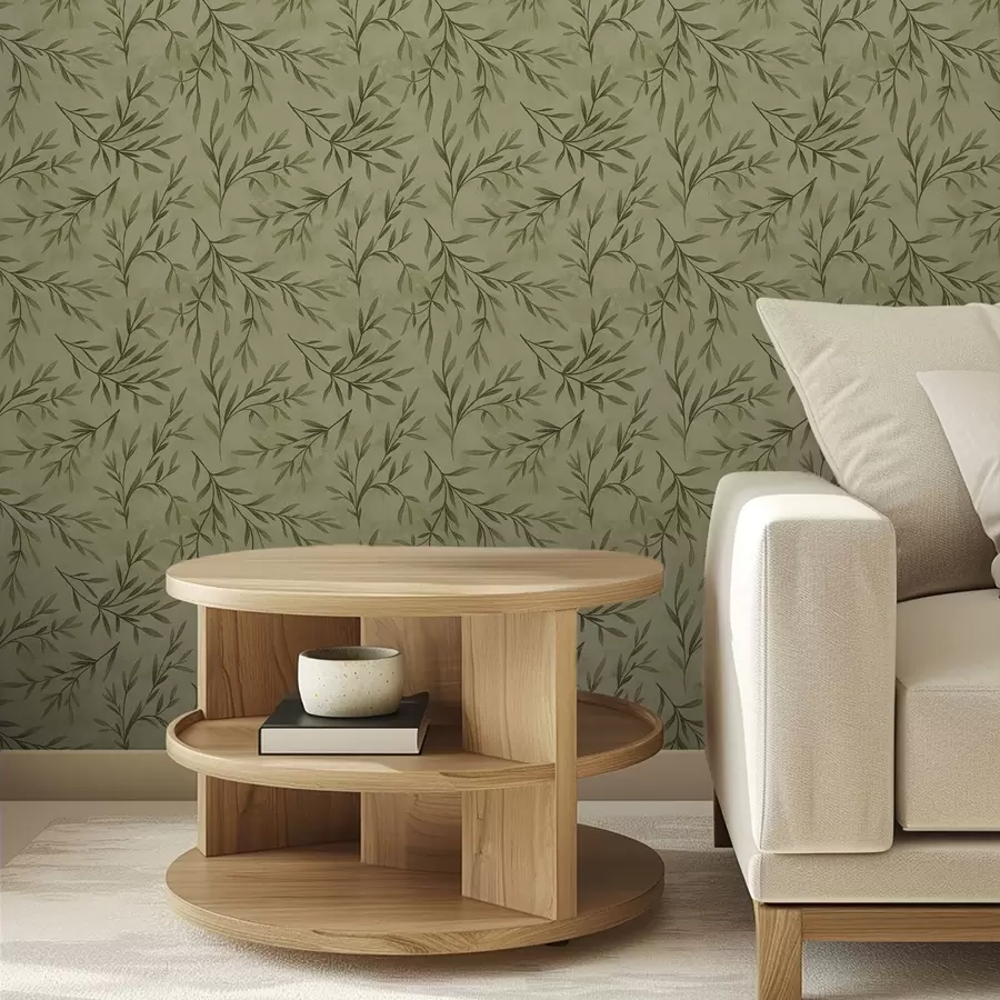 zidne murale Grančice masline na prigušenom žuto-zelenom teksturiranom tlu a00936