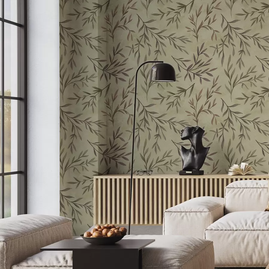 zidne murale Lila i zelene grane s lišćem na toploj pozadini a00936v4