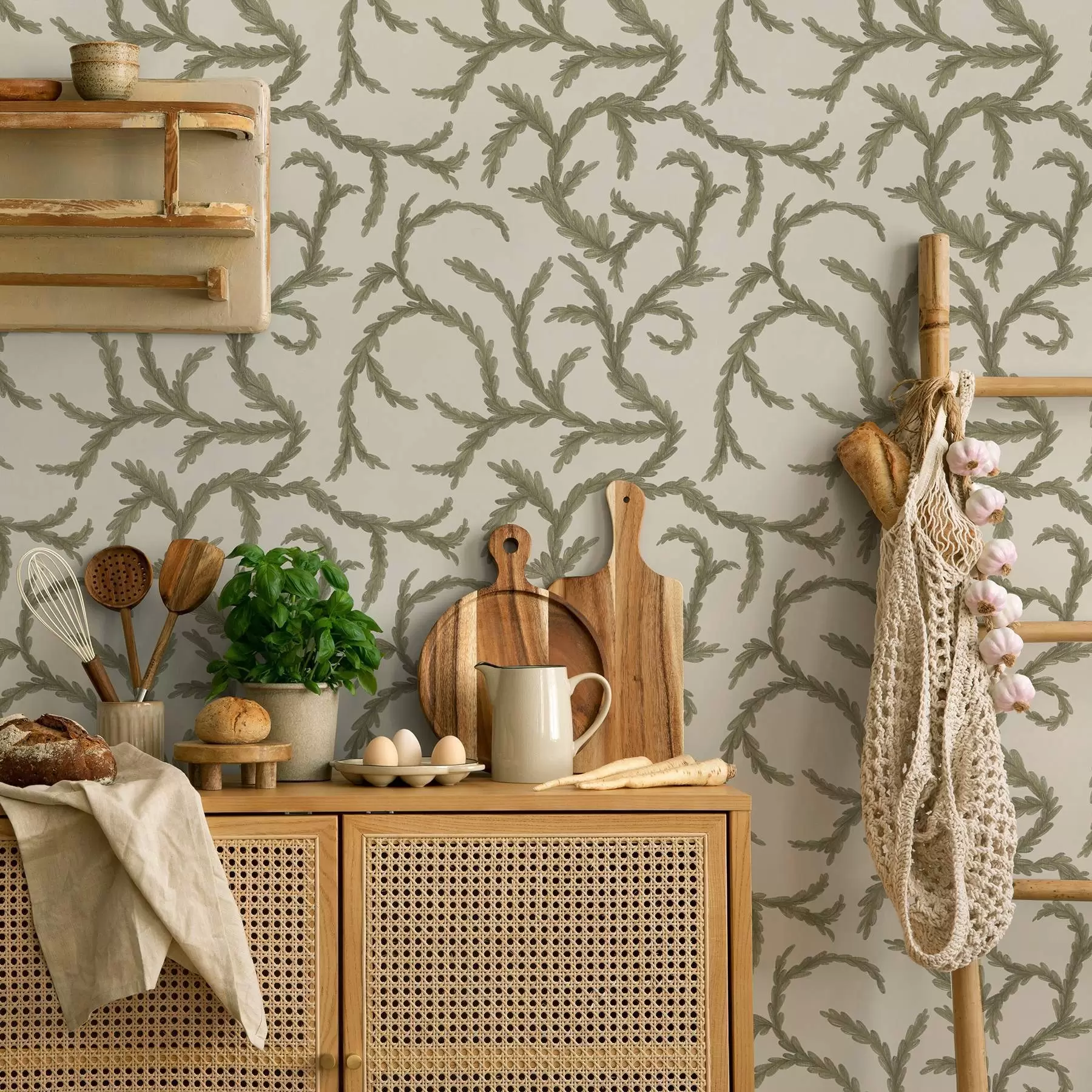 zidne murale Meki zeleni kovrče četinjača na svijetloj pozadini a00938