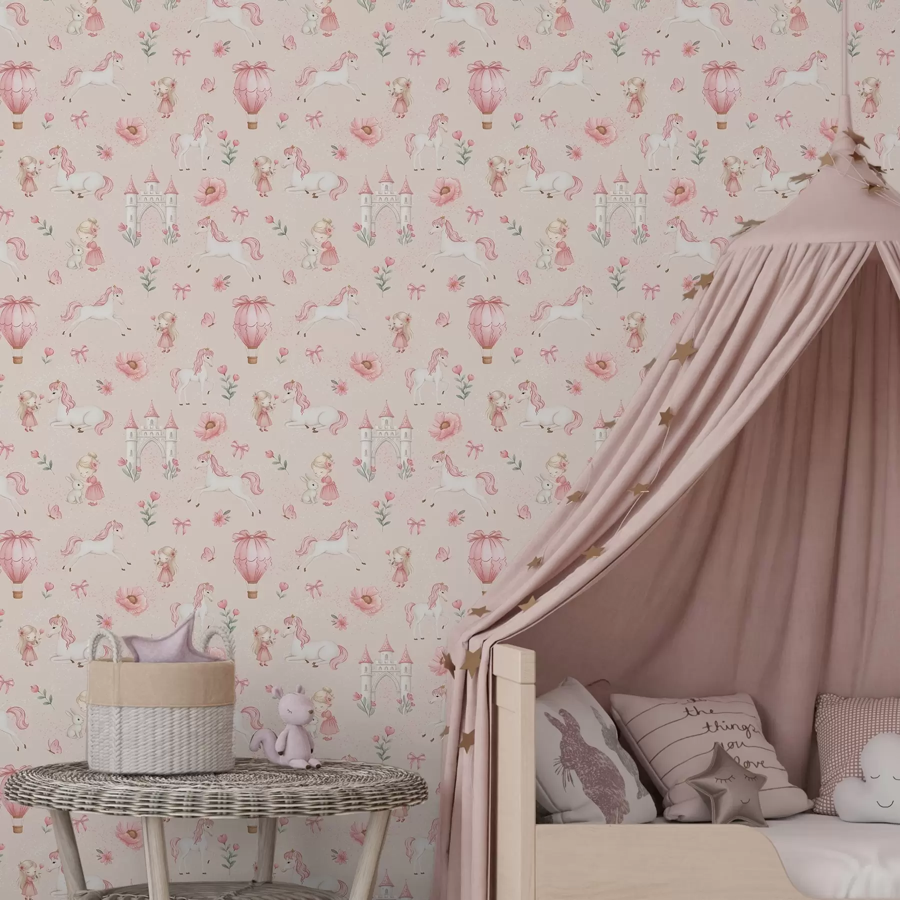 zidne murale Ružičasti jednorozi, djevojčice i dvorac na mekoj pozadini a00957