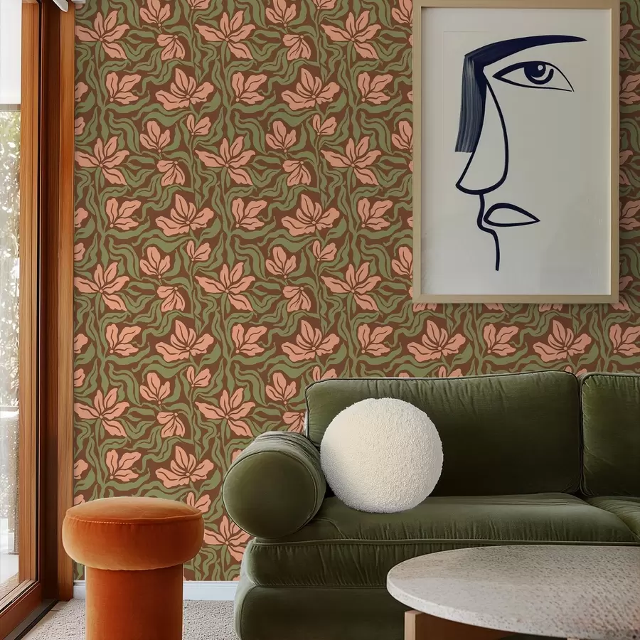 zidne murale Cvjetovi breskve i zelenilo na tamnosmeđoj pozadini a00958v2