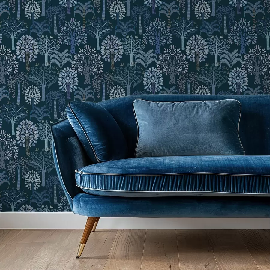 zidne murale Noćna šuma s ukrasnim drvećem u plavim nijansama a00960v2