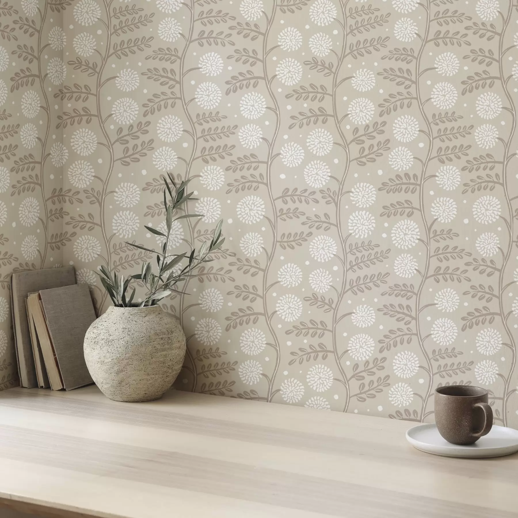 zidne murale Bež stabljike s bijelim pahuljastim cvjetovima i mekim točkicama a00997