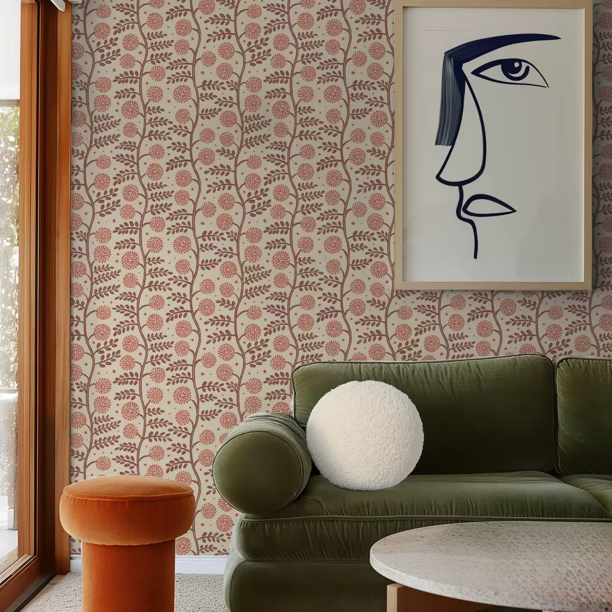 Pozadina Terakota stabljike s koraljnim pahuljastim cvjetovima na kremastoj pozadini a00997v1