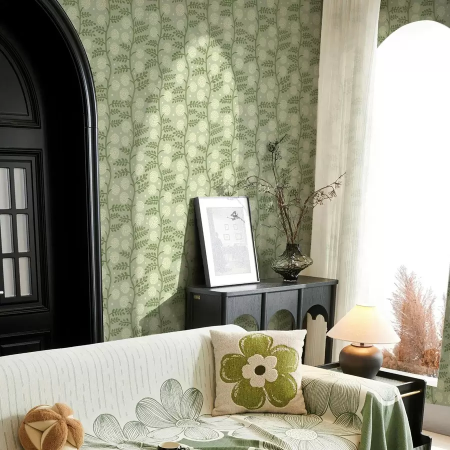 zidne murale Kaduljastozelene stabljike s pahuljastim cvjetovima i točkicama boje slonovače a00997v2