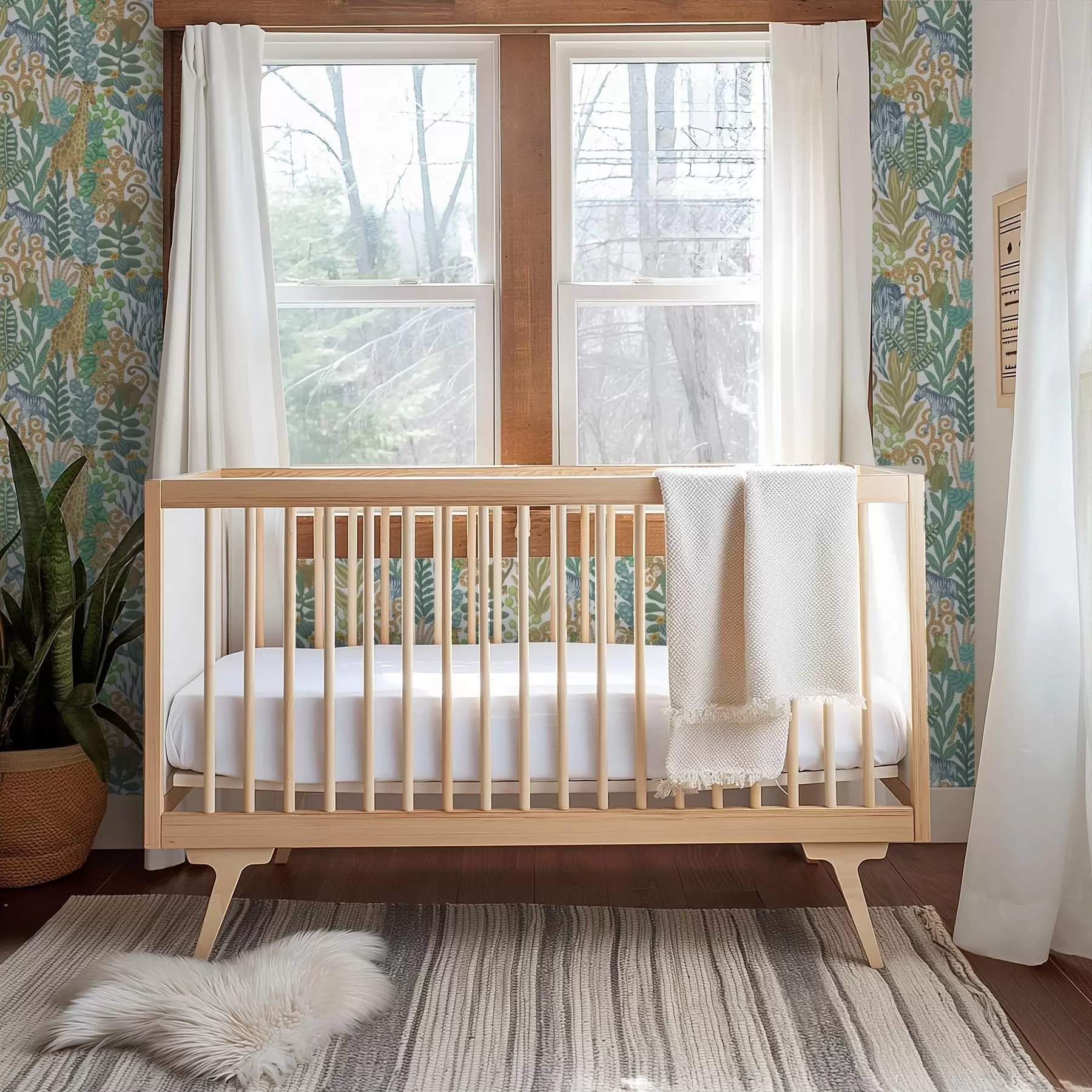 zidne murale Vesele životinje savane među lišćem na bijeloj pozadini a01000