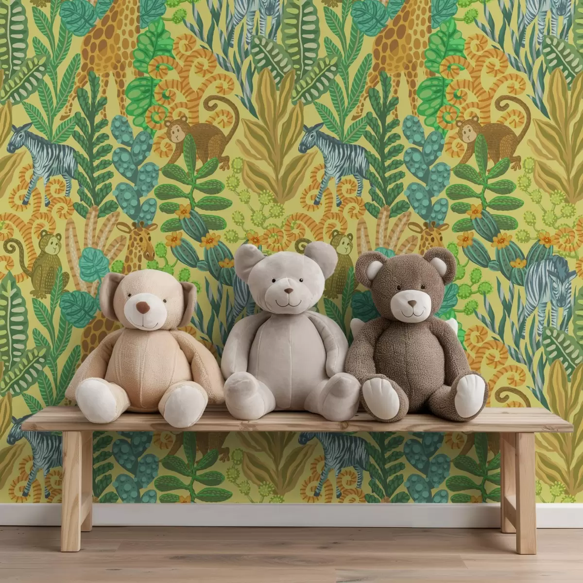 Pozadina Žirafa, zebra i majmun u jarko žutoj savani a01000v1