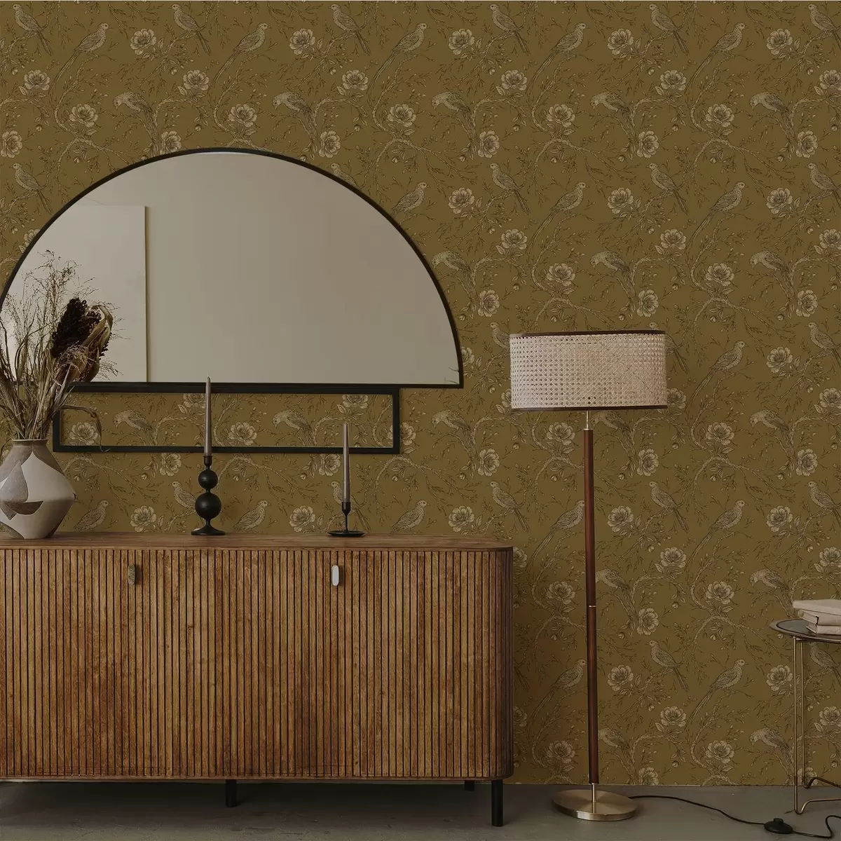 Pozadina Starinske ptice i cvijeće na toploj maslinastoj pozadini a01022v1