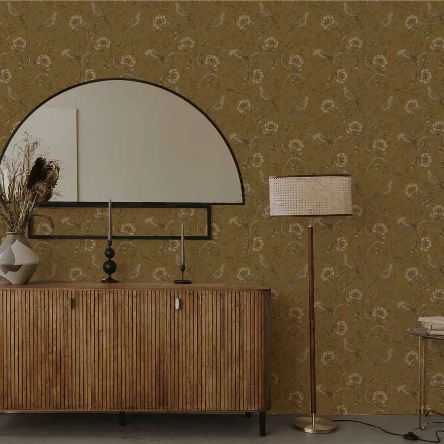 zidne murale Starinske ptice i cvijeće na toploj maslinastoj pozadini a01022v1