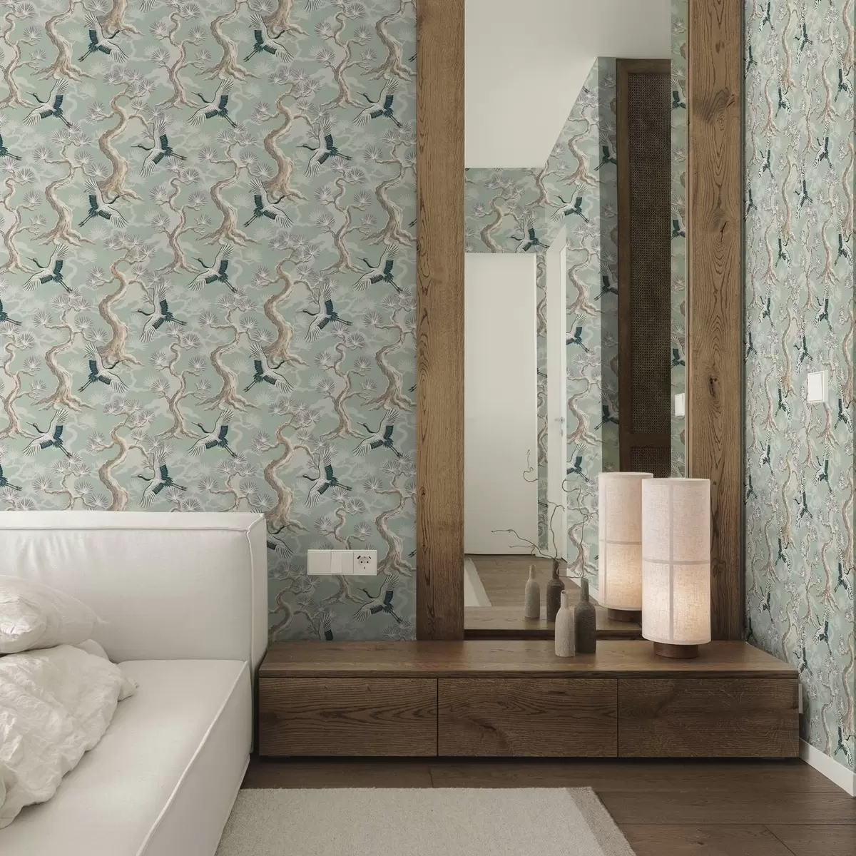 Pozadina Ždralovi među zakrivljenim granama na mekoj pozadini boje kadulje a01023