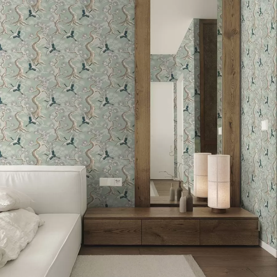 zidne murale Ždralovi među zakrivljenim granama na mekoj pozadini boje kadulje a01023