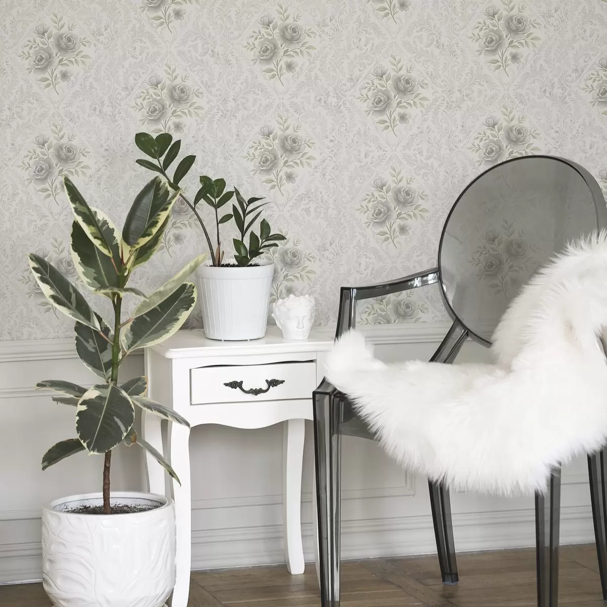 Pozadina Svijetli damast uzorak sa sivim ružama u mekim dijamantima a01024