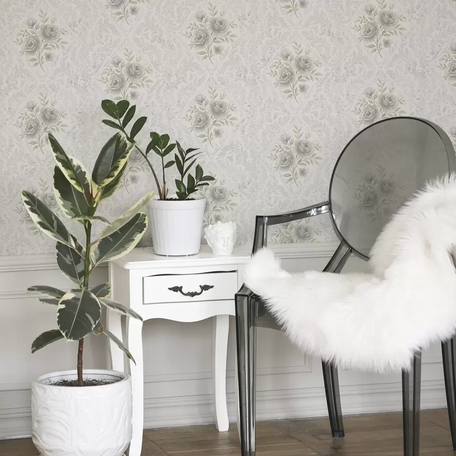 zidne murale Svijetli damast uzorak sa sivim ružama u mekim dijamantima a01024