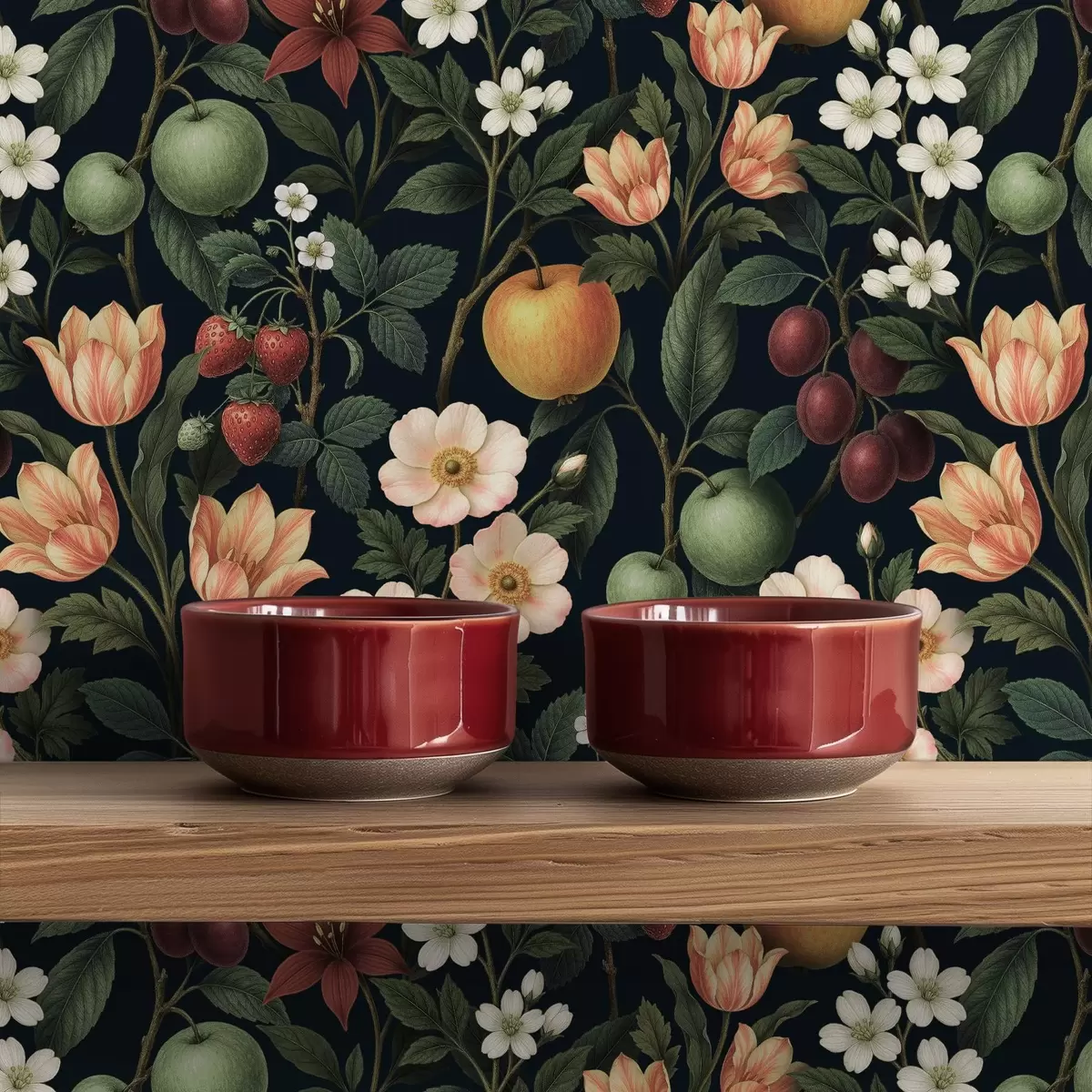 Pozadina Tamni vrt s cvijećem, zrelim jabukama i bobicama a01034