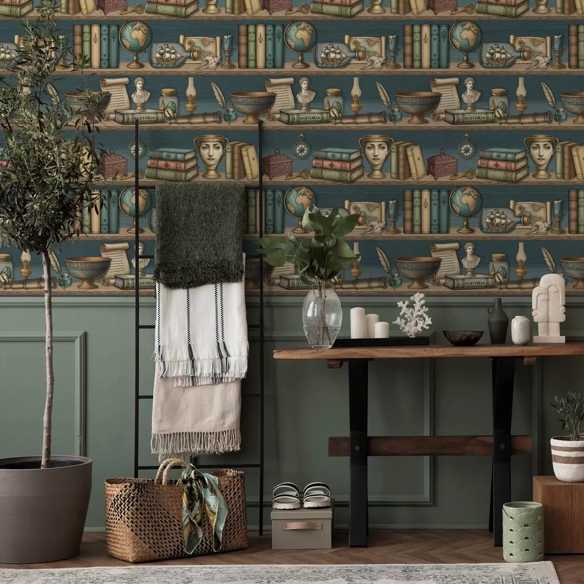 Pozadina Starinske police s knjigama, globusom i morskim zanimljivostima a01036