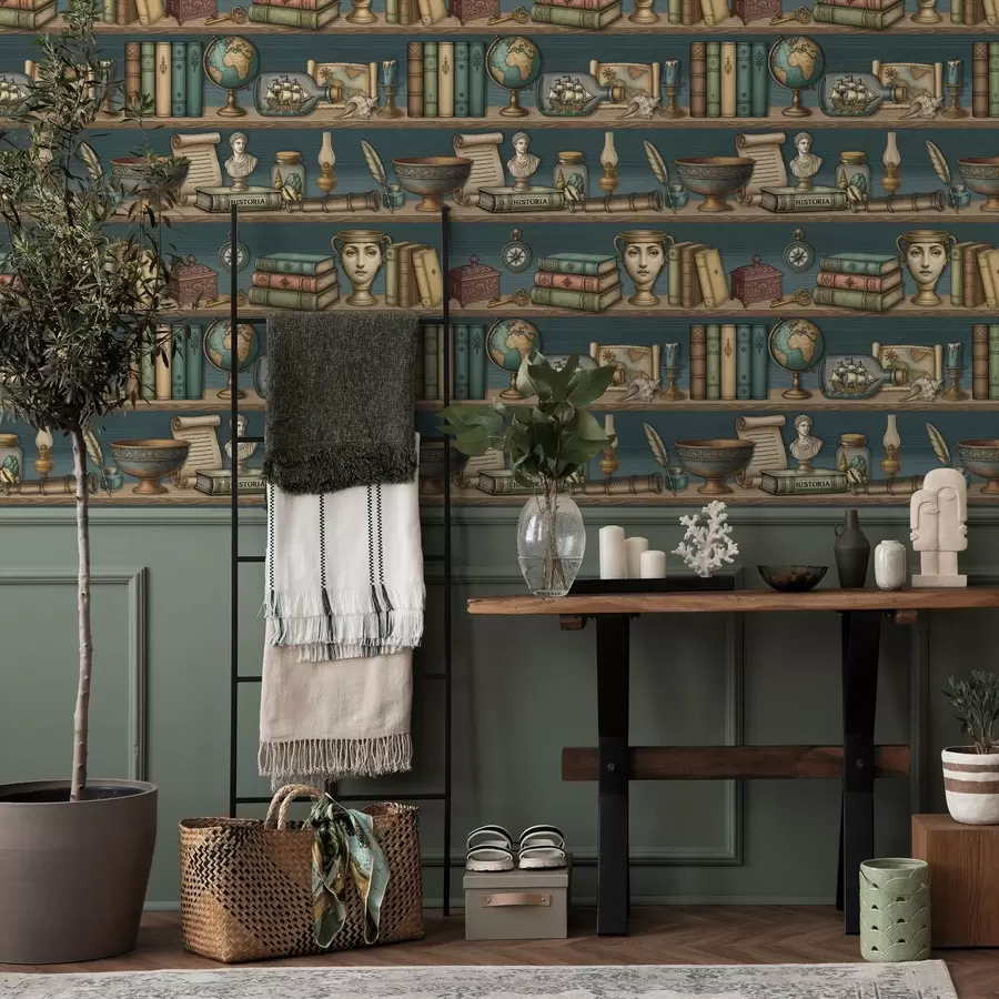 zidne murale Starinske police s knjigama, globusom i morskim zanimljivostima a01036