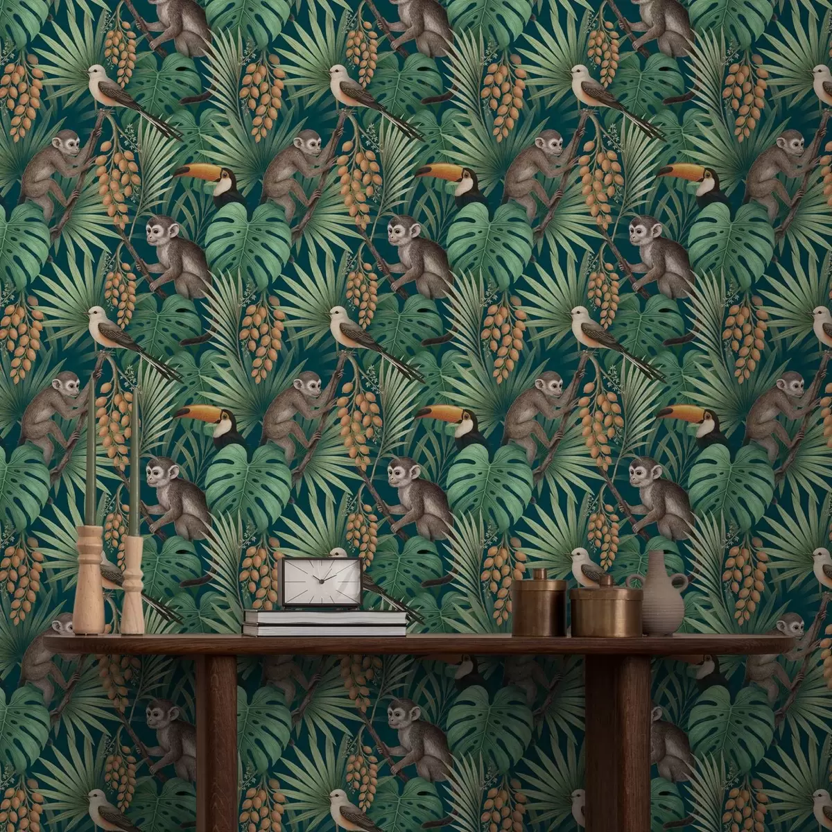 Pozadina Majmuni i tropske ptice u gustom lišću džungle a01037