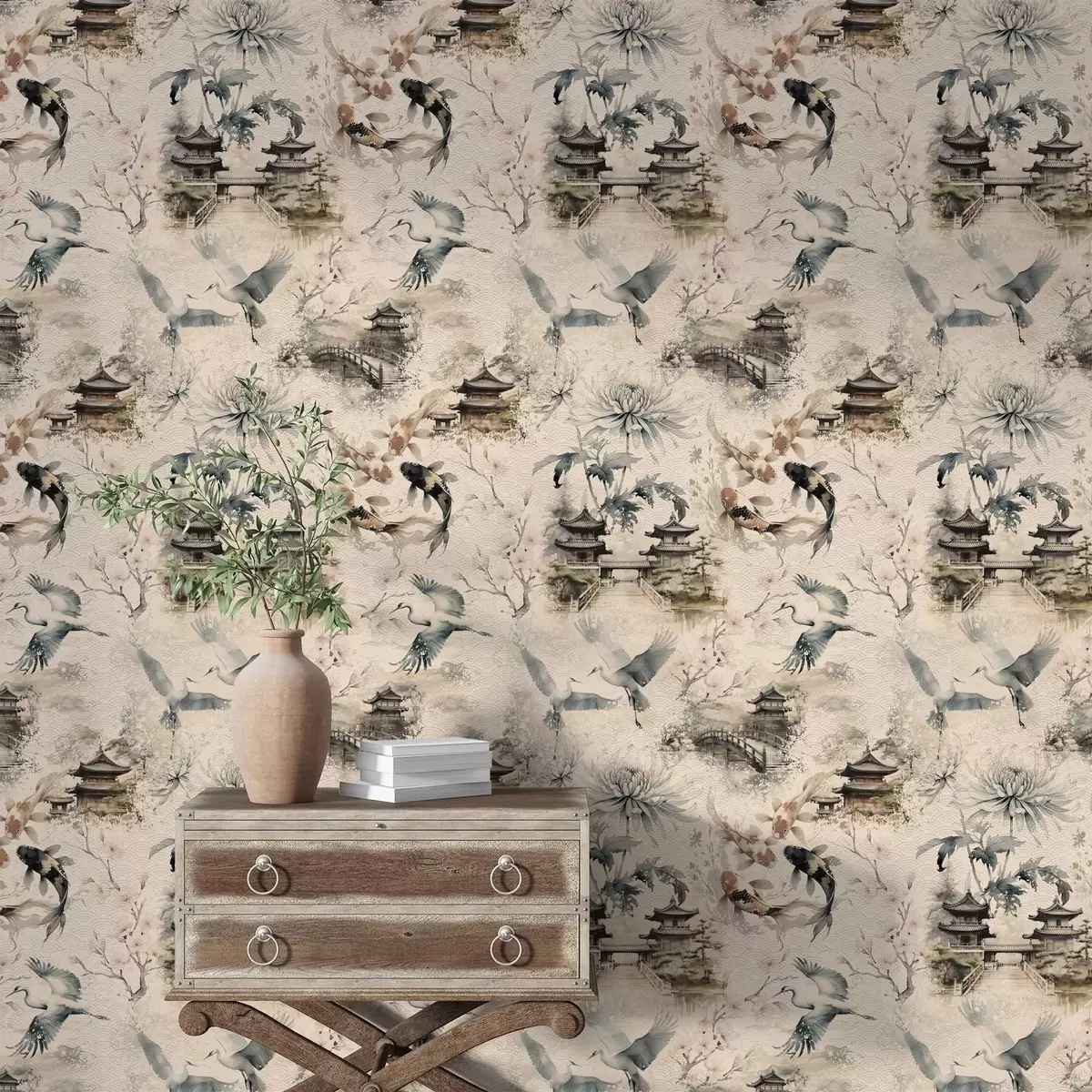 Pozadina Japanski hramovi, koi ribe i ždralovi na mekoj pozadini a01040