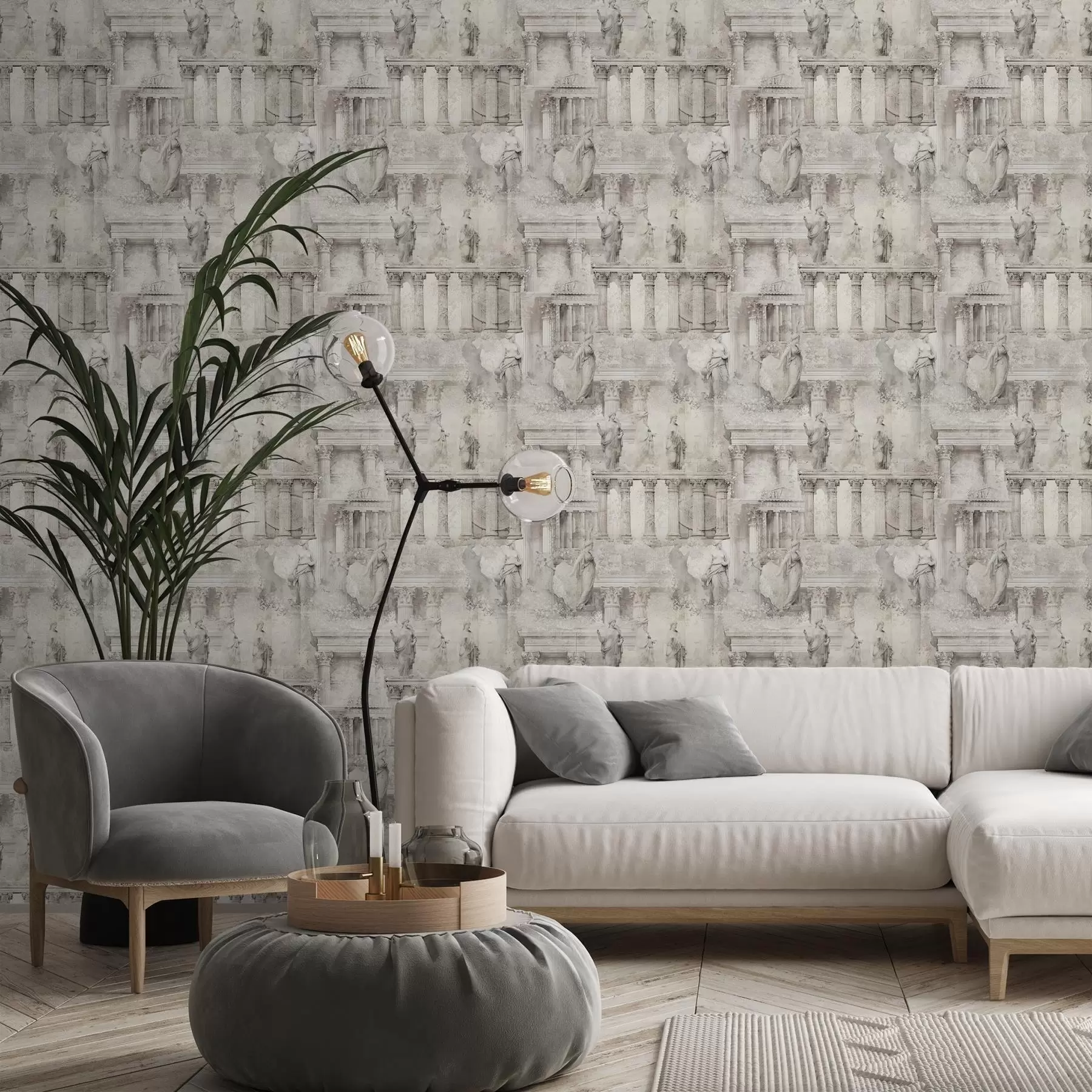 zidne murale Antičke statue i stupovi u mekim bež-sivim tonovima a01041