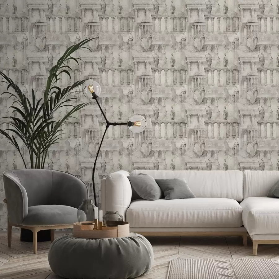 zidne murale Antičke statue i stupovi u mekim bež-sivim tonovima a01041