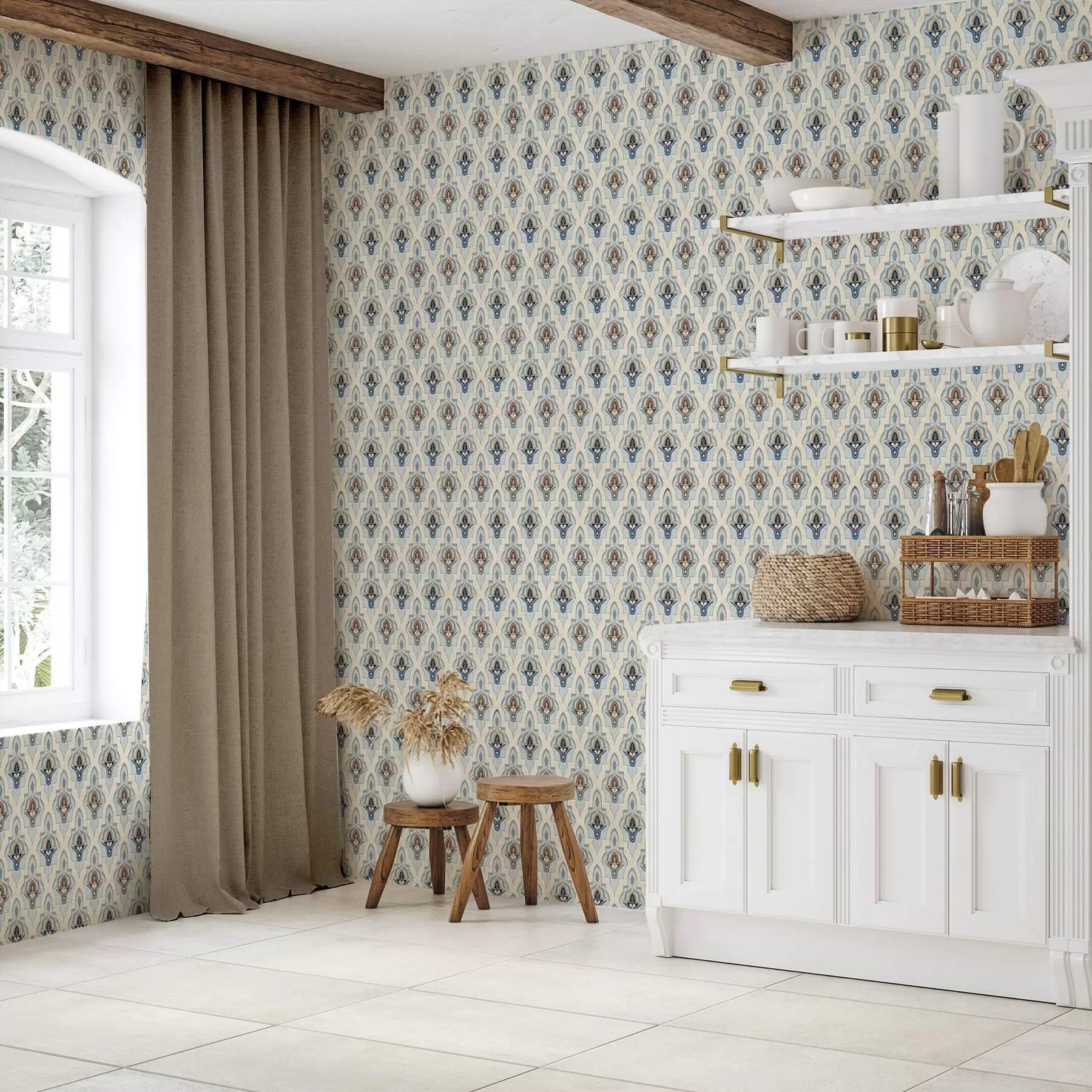 zidne murale Orijentalni uzorak malih pločica u plavo-pješčanoj paleti a01044