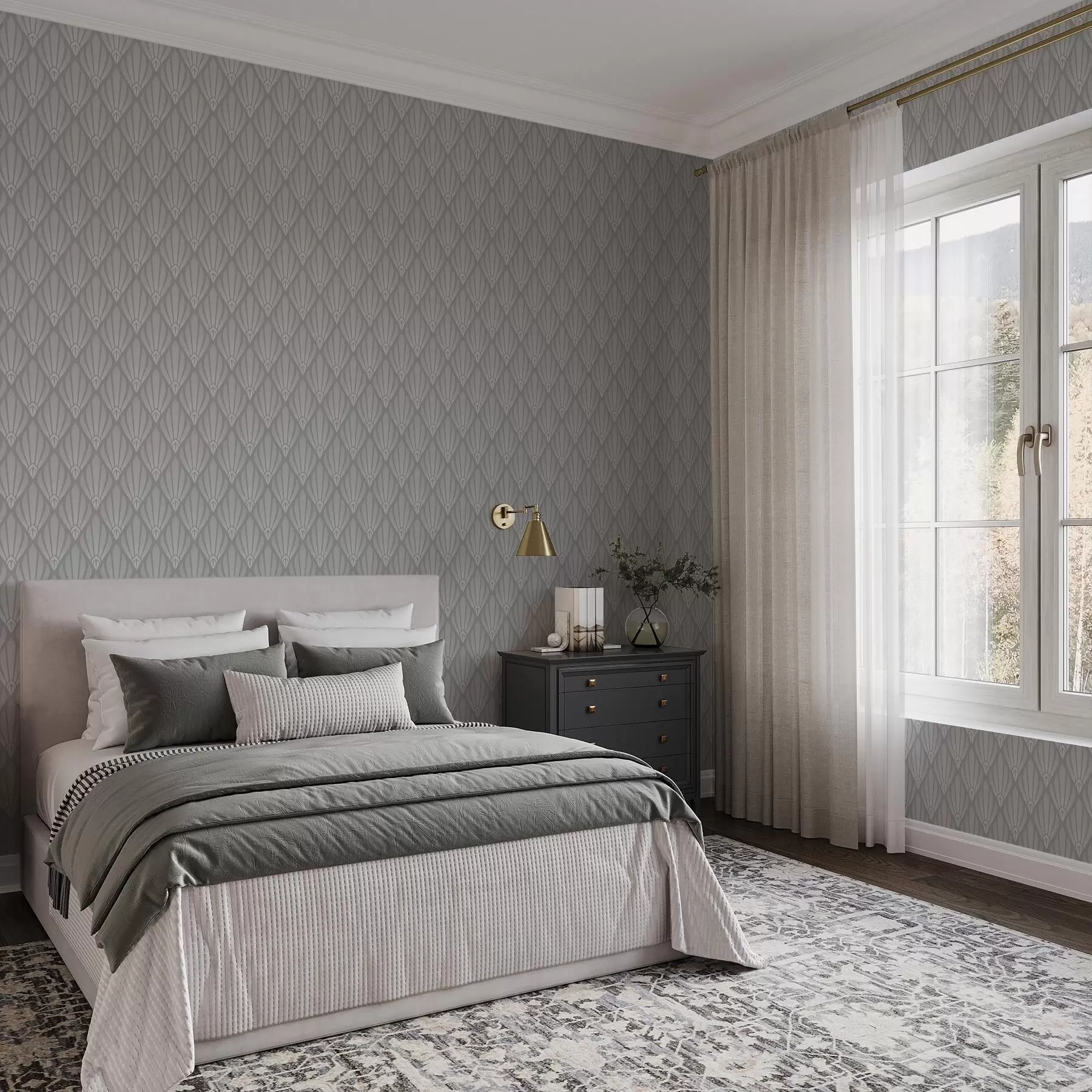 zidne murale Sivi Art Deco s lepezastim oblicima a01064