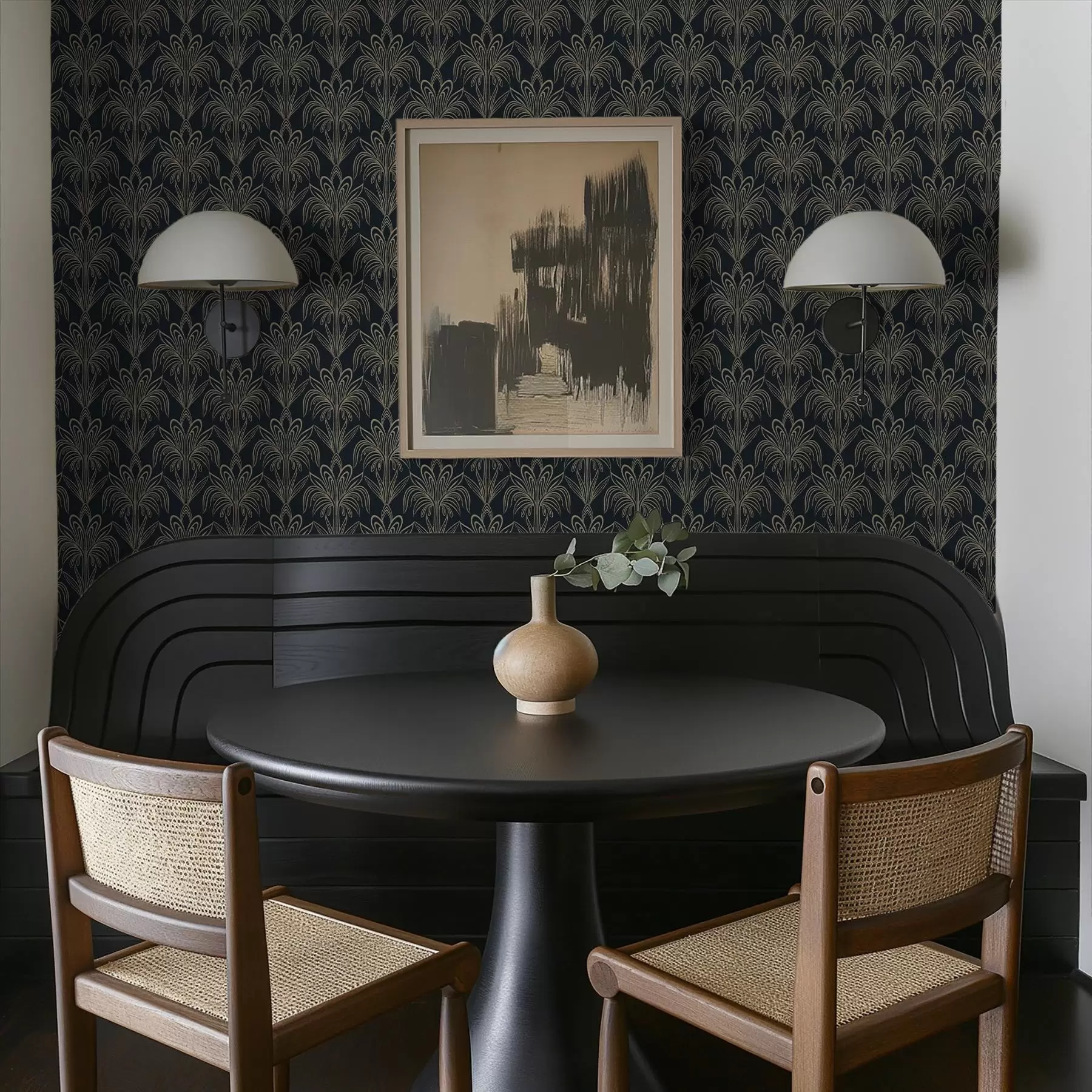 zidne murale Tamni art deco ukras sa stiliziranim biljkama a01065