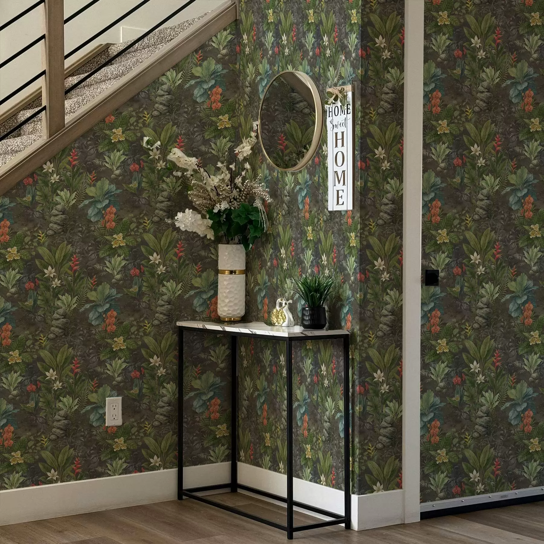 zidne murale Tamni tropski vrt sa svijetlim cvijećem i lišćem a01079