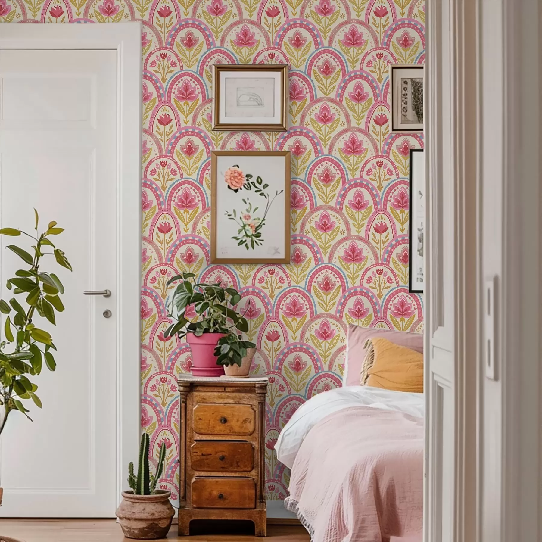 zidne murale Lukovi s ružičastim cvijećem u uzorku narodnog stila a01080