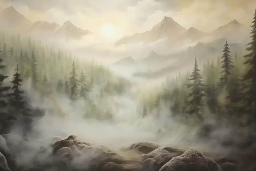 zidne murale Šuma u magli na pozadini planina w04730