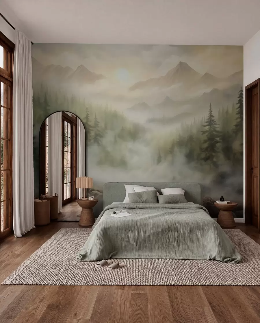 zidne murale Šuma u magli na pozadini planina w04730