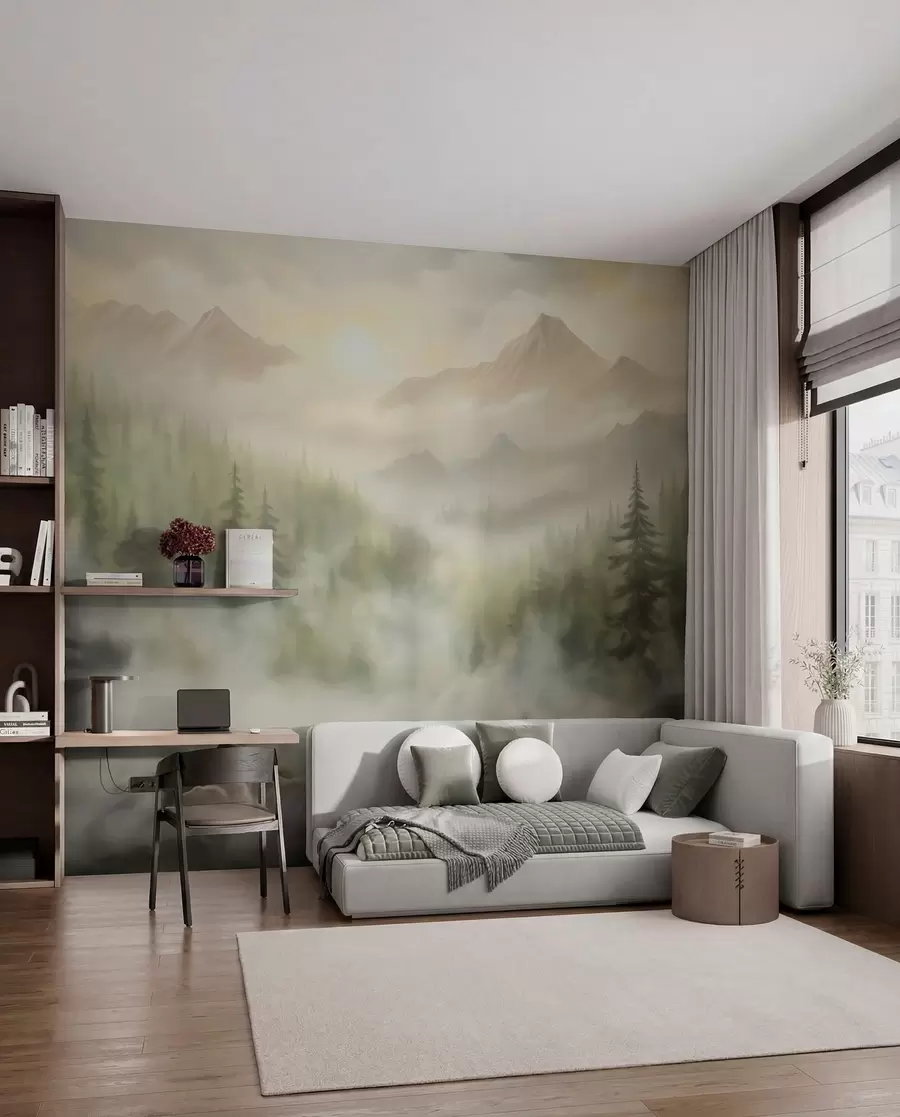zidne murale Šuma u magli na pozadini planina w04730
