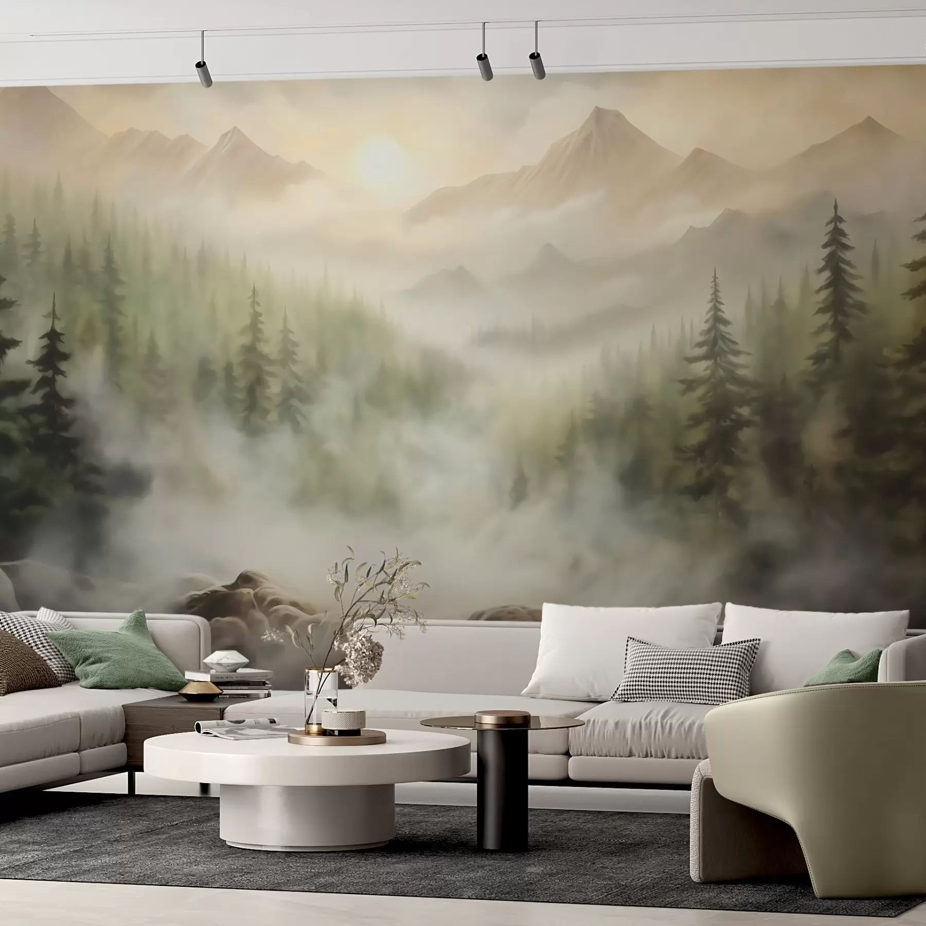 zidne murale Šuma u magli na pozadini planina w04730