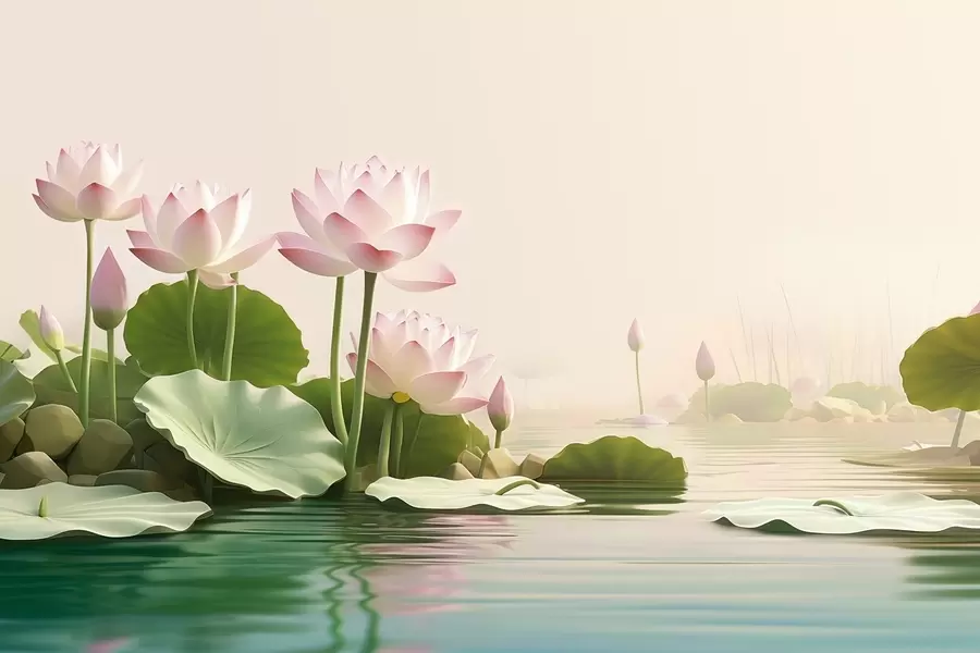 zidne murale Ružičasti lotosovi cvjetovi na vodi, miran tropski krajolik w09561