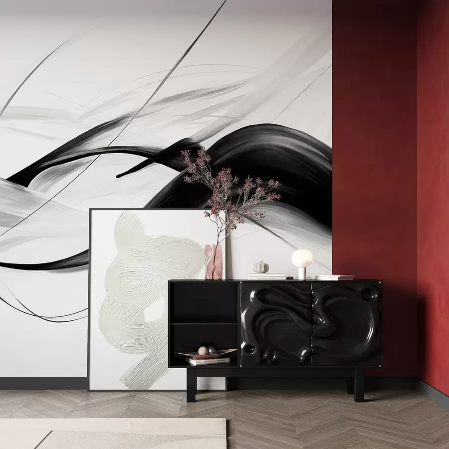 zidne murale Apstraktni crno-bijeli potezi kistom s tankim linijama stvaraju moderan dizajn na svijetloj pozadini w09605