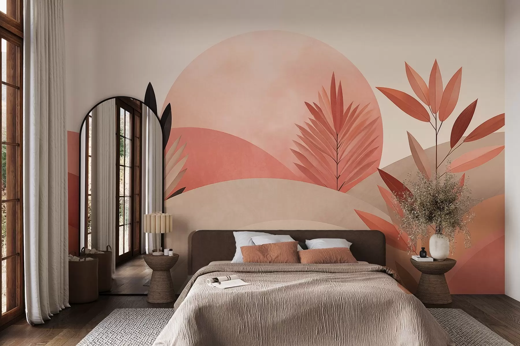 zidne murale Apstraktni boho krajolik, sunce iza valovitih brežuljaka, biljke u prvom planu, minimalistički, teksturirani, prigušene boje w09608