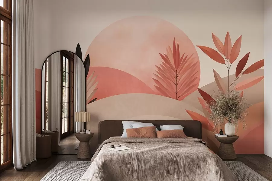 zidne murale Apstraktni boho krajolik, sunce iza valovitih brežuljaka, biljke u prvom planu, minimalistički, teksturirani, prigušene boje w09608