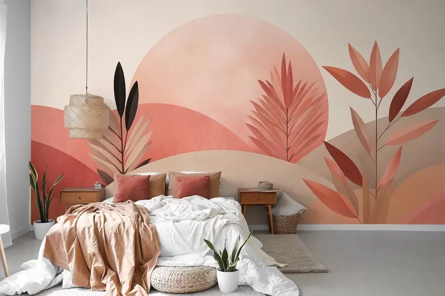 zidne murale Apstraktni boho krajolik, sunce iza valovitih brežuljaka, biljke u prvom planu, minimalistički, teksturirani, prigušene boje w09608