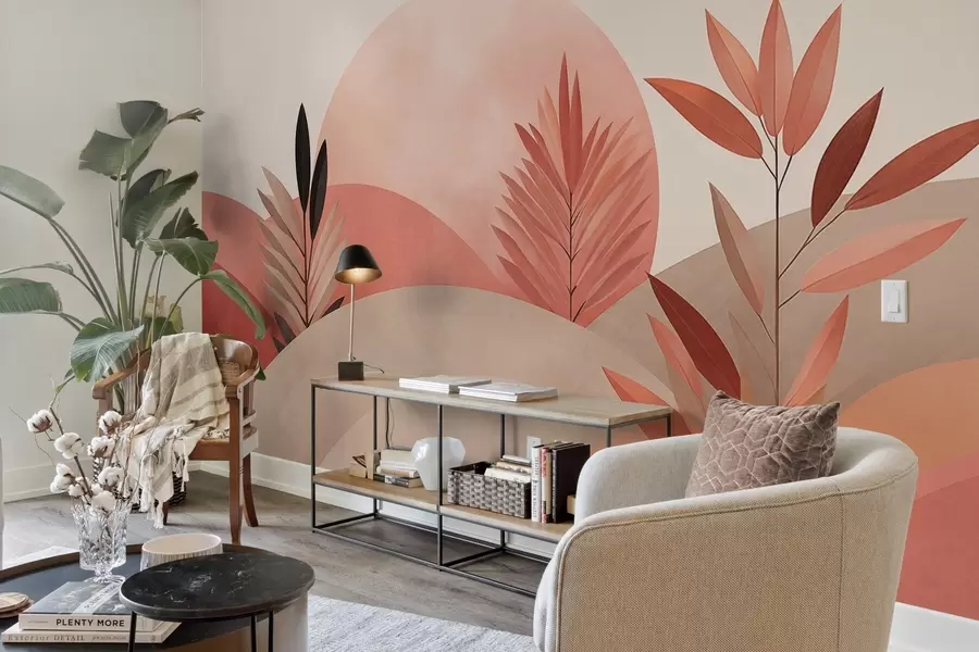 zidne murale Apstraktni boho krajolik, sunce iza valovitih brežuljaka, biljke u prvom planu, minimalistički, teksturirani, prigušene boje w09608