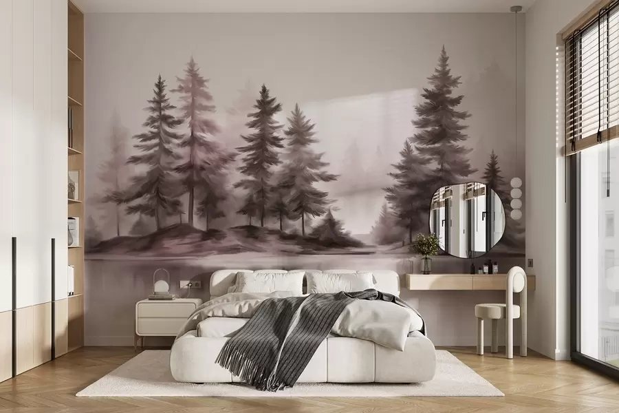 zidne murale Teksturirana maglovita šuma s visokim borovima, imitacija slike w09610v1