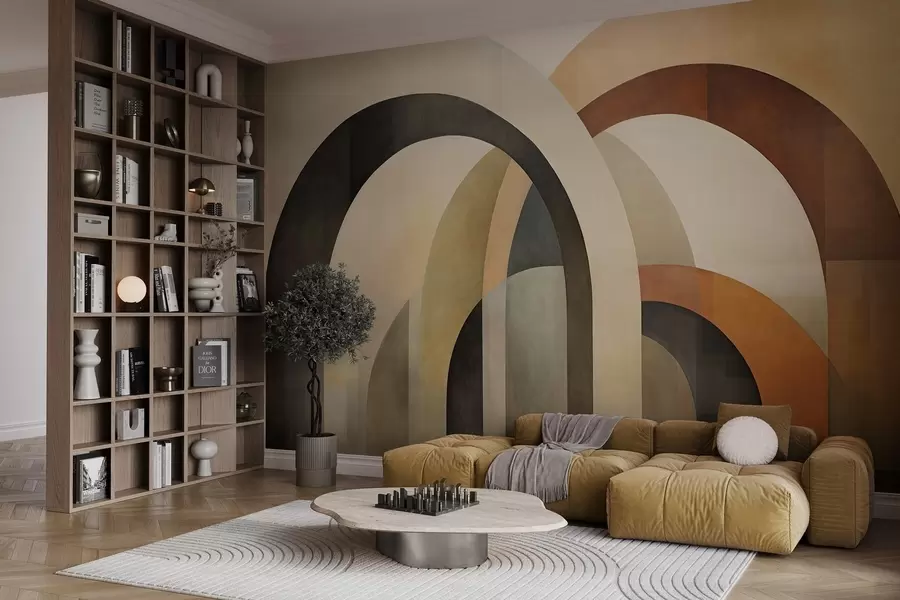zidne murale Apstraktni teksturirani geometrijski lukovi u zemljanim tonovima bež, smeđe i sive, slojeviti moderni arhitektonski dizajn w09611