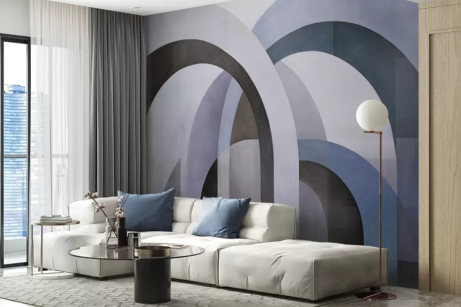 zidne murale Apstraktni teksturirani geometrijski lukovi u tonovima plave, crne i sive, slojeviti moderni arhitektonski dizajn w09611v1