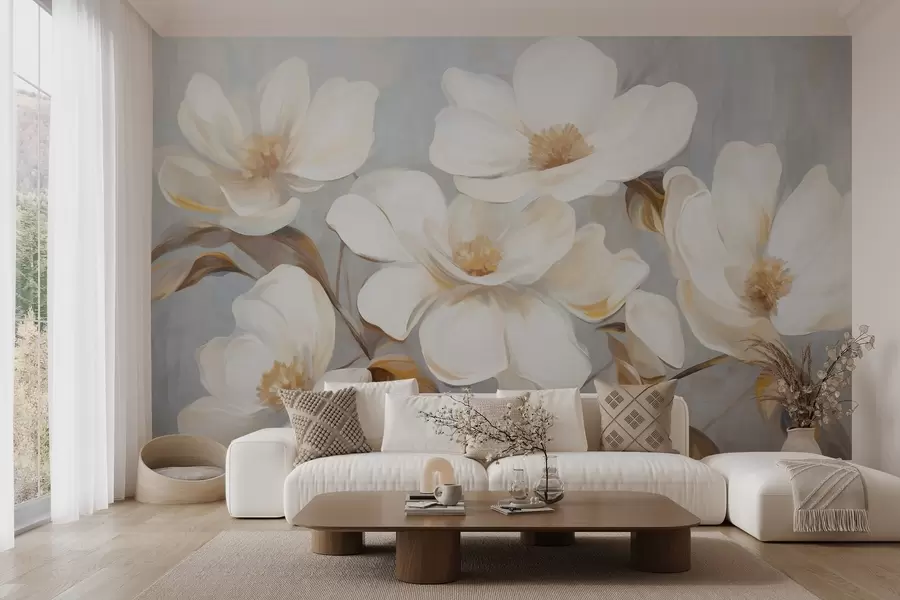 zidne murale Teksturirana slika imitacije nekoliko bijelih cvjetova magnolije na prigušenoj pastelnoj pozadini w09612